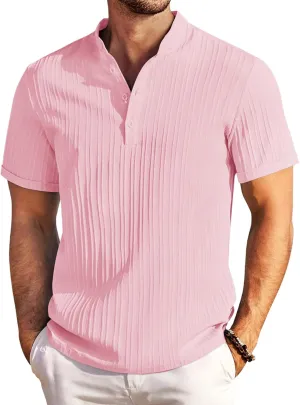 COOFANDY Men Casual Henley Tee Shirt Short Sleeve Band Collar Summer Beach Textured T-Shirt