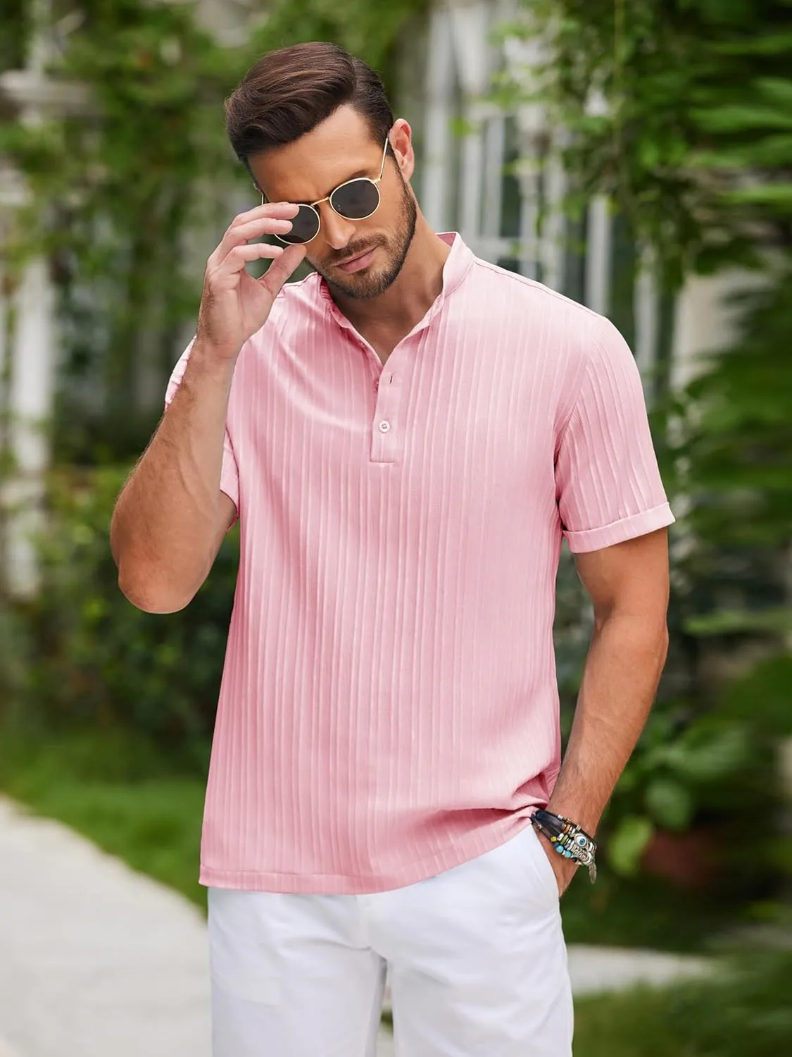 COOFANDY Men Casual Henley Tee Shirt Short Sleeve Band Collar Summer Beach Textured T-Shirt