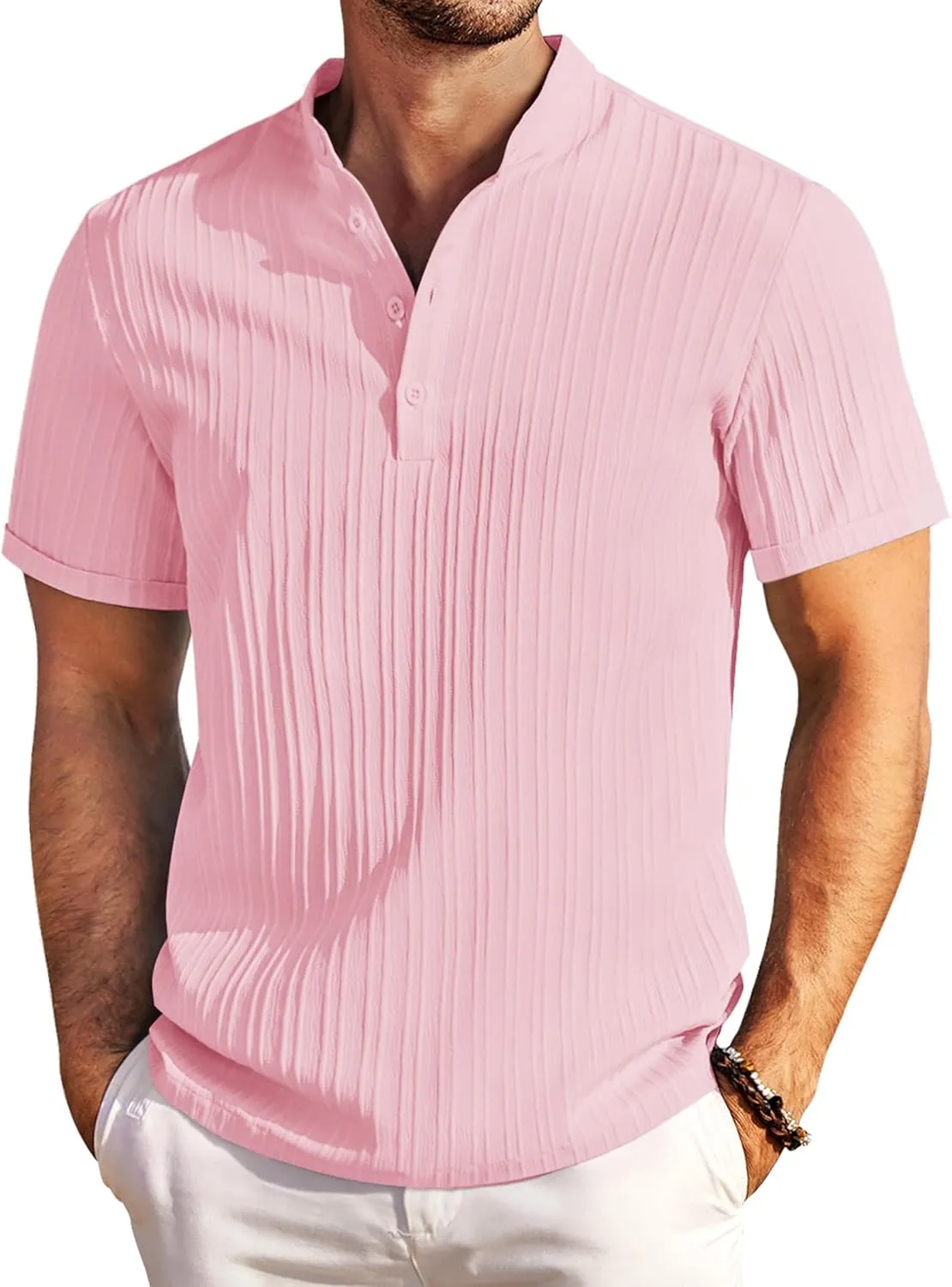 COOFANDY Men Casual Henley Tee Shirt Short Sleeve Band Collar Summer Beach Textured T-Shirt