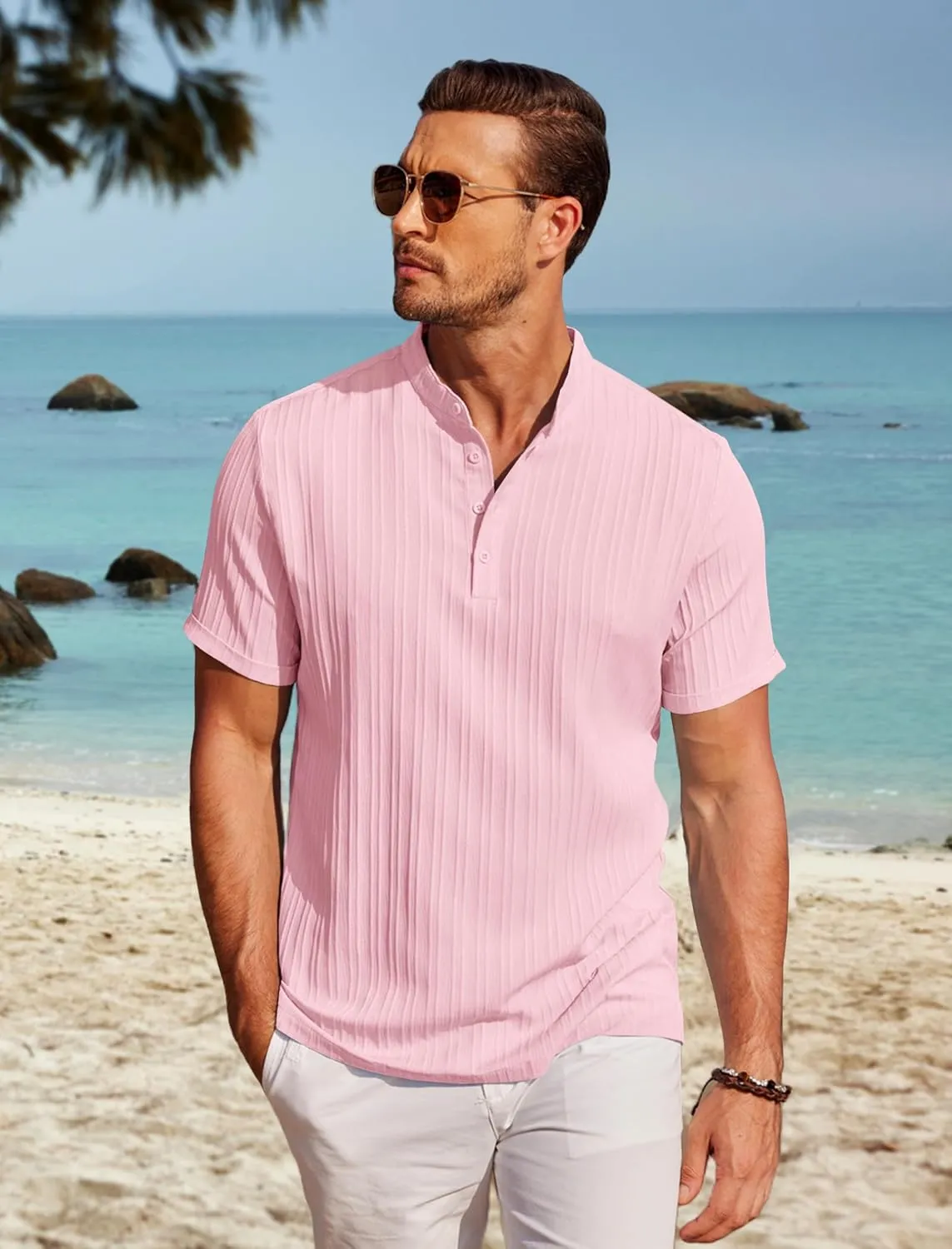 COOFANDY Men Casual Henley Tee Shirt Short Sleeve Band Collar Summer Beach Textured T-Shirt