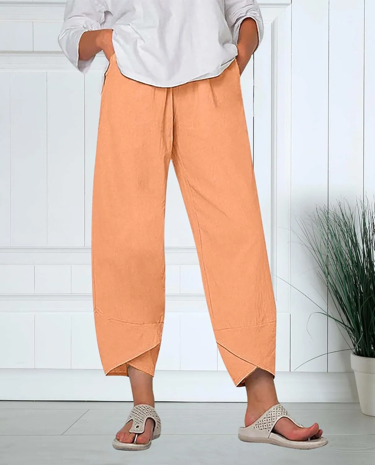 Costaric Linen Pants for Women Summer Wide Leg Cropped Capri Pants with Pockets Casual Beach Comfy Lounge Palazzo Trousers