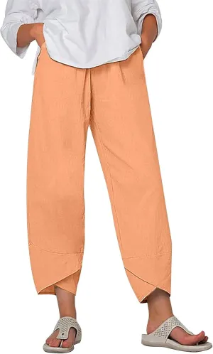 Costaric Linen Pants for Women Summer Wide Leg Cropped Capri Pants with Pockets Casual Beach Comfy Lounge Palazzo Trousers