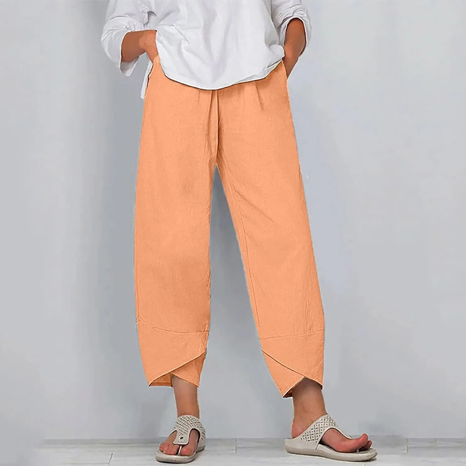 Costaric Linen Pants for Women Summer Wide Leg Cropped Capri Pants with Pockets Casual Beach Comfy Lounge Palazzo Trousers