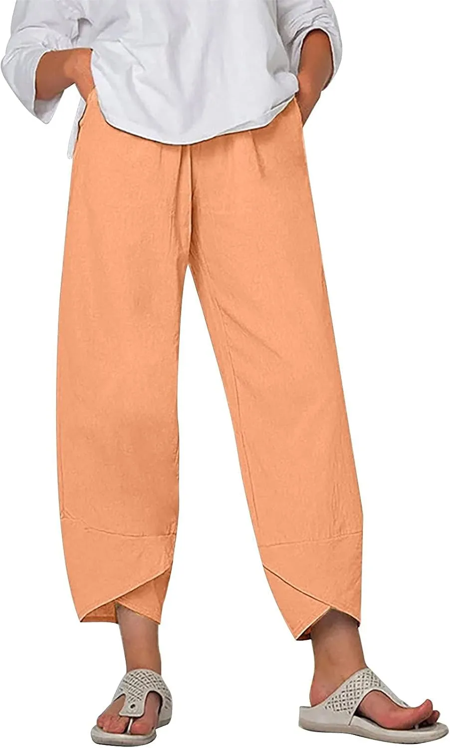 Costaric Linen Pants for Women Summer Wide Leg Cropped Capri Pants with Pockets Casual Beach Comfy Lounge Palazzo Trousers