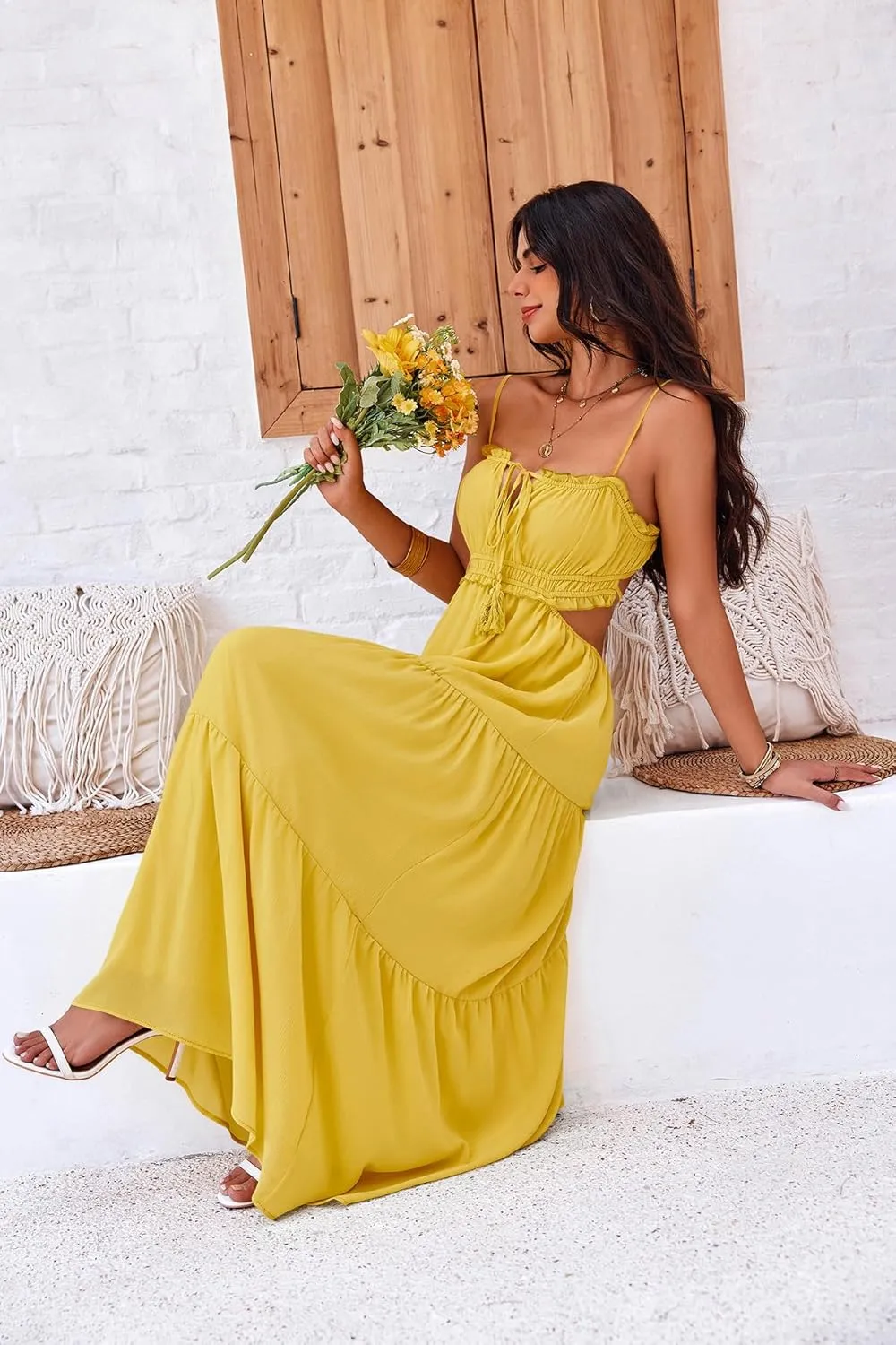 Fisoew Women's Spaghetti Strap Maxi Dress Summer Sleeveless Side Cut Out Dress Casual Boho Backless Flowy Long Dresses