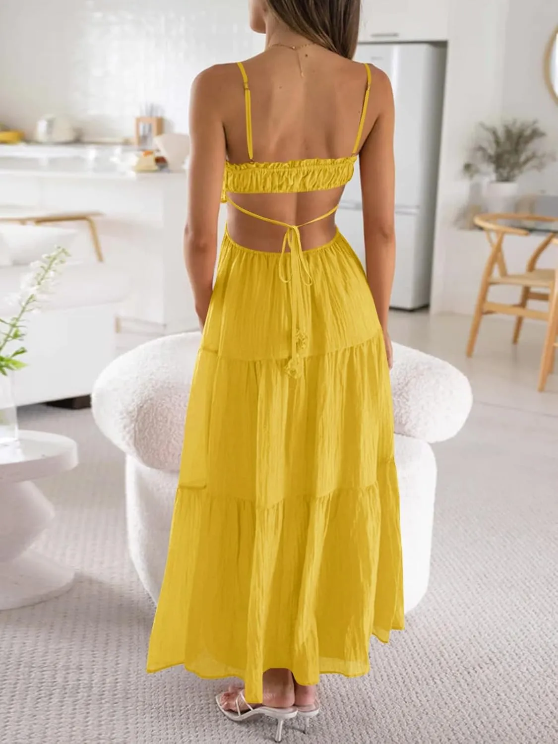 Fisoew Women's Spaghetti Strap Maxi Dress Summer Sleeveless Side Cut Out Dress Casual Boho Backless Flowy Long Dresses