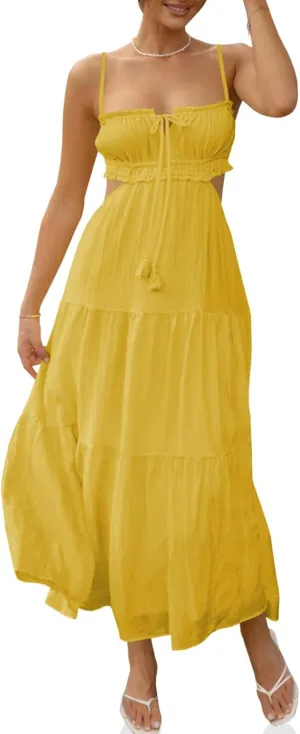Fisoew Women's Spaghetti Strap Maxi Dress Summer Sleeveless Side Cut Out Dress Casual Boho Backless Flowy Long Dresses