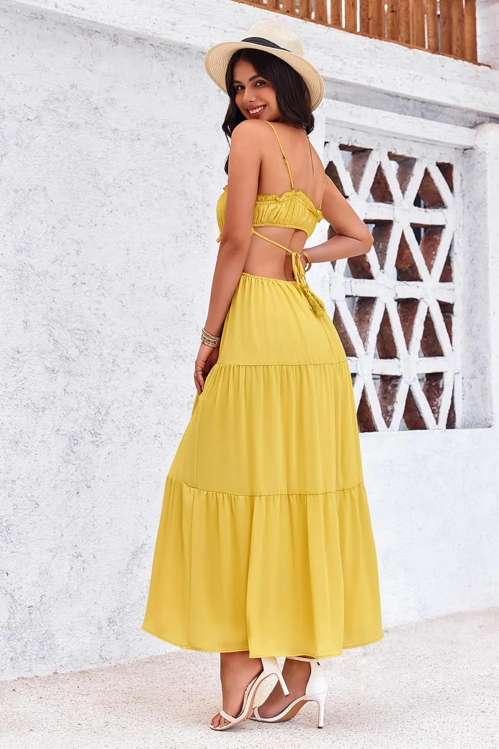 Fisoew Women's Spaghetti Strap Maxi Dress Summer Sleeveless Side Cut Out Dress Casual Boho Backless Flowy Long Dresses