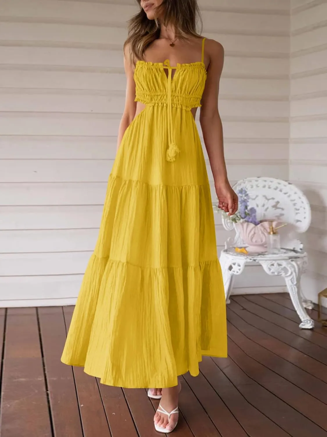 Fisoew Women's Spaghetti Strap Maxi Dress Summer Sleeveless Side Cut Out Dress Casual Boho Backless Flowy Long Dresses