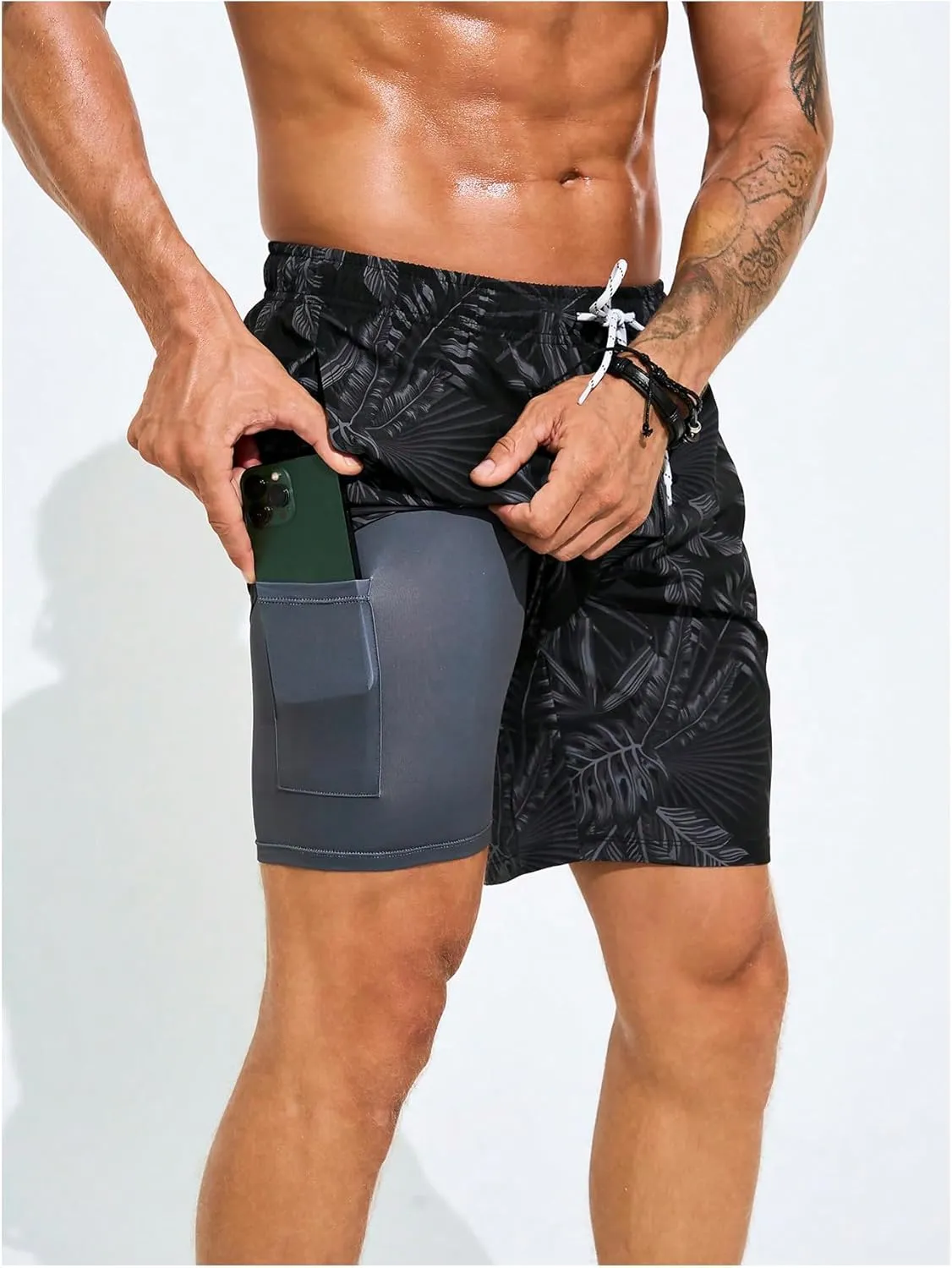 Floerns Men's Tropical Print Drawstring Swim Trunk Quick Dry Beach Shorts with Compression Liner