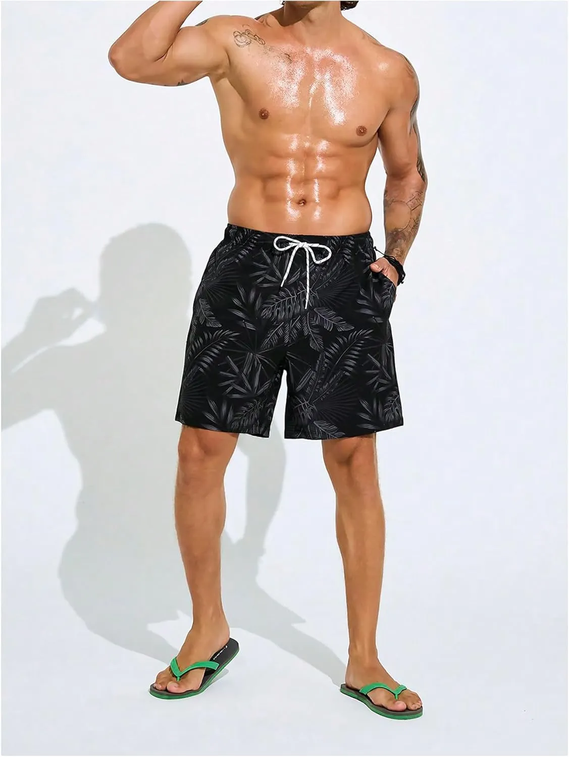Floerns Men's Tropical Print Drawstring Swim Trunk Quick Dry Beach Shorts with Compression Liner