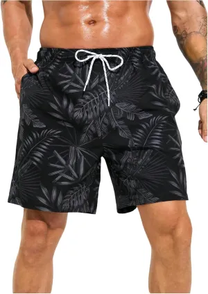 Floerns Men's Tropical Print Drawstring Swim Trunk Quick Dry Beach Shorts with Compression Liner
