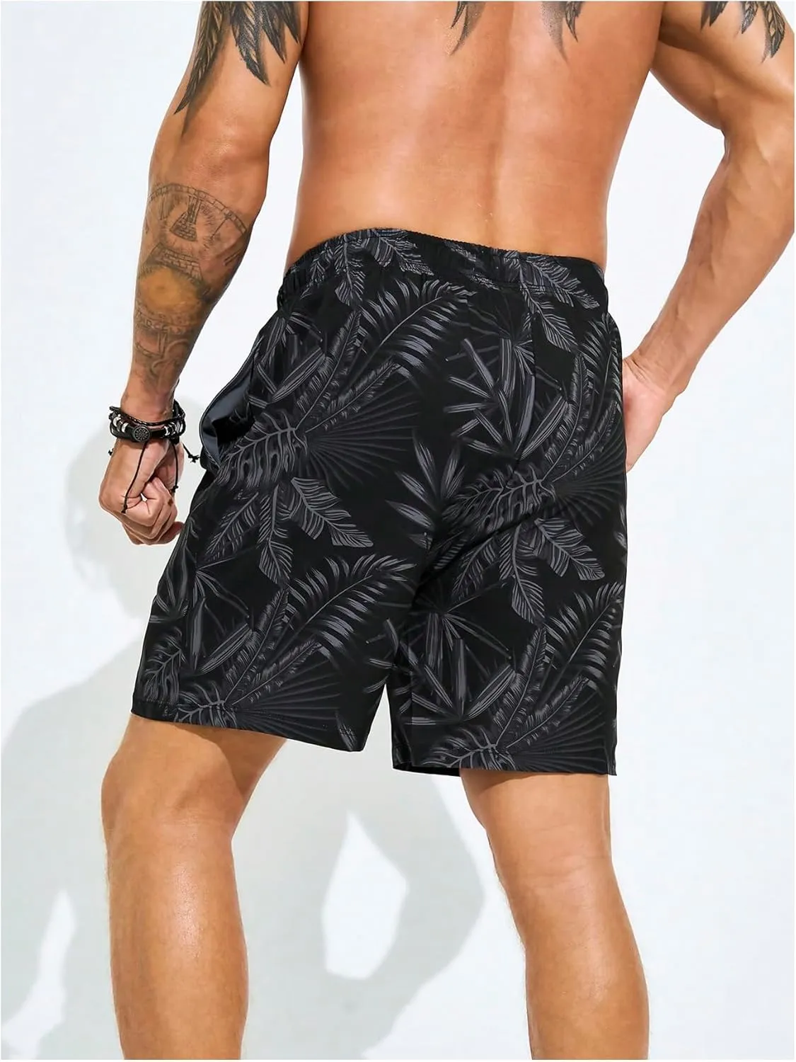 Floerns Men's Tropical Print Drawstring Swim Trunk Quick Dry Beach Shorts with Compression Liner