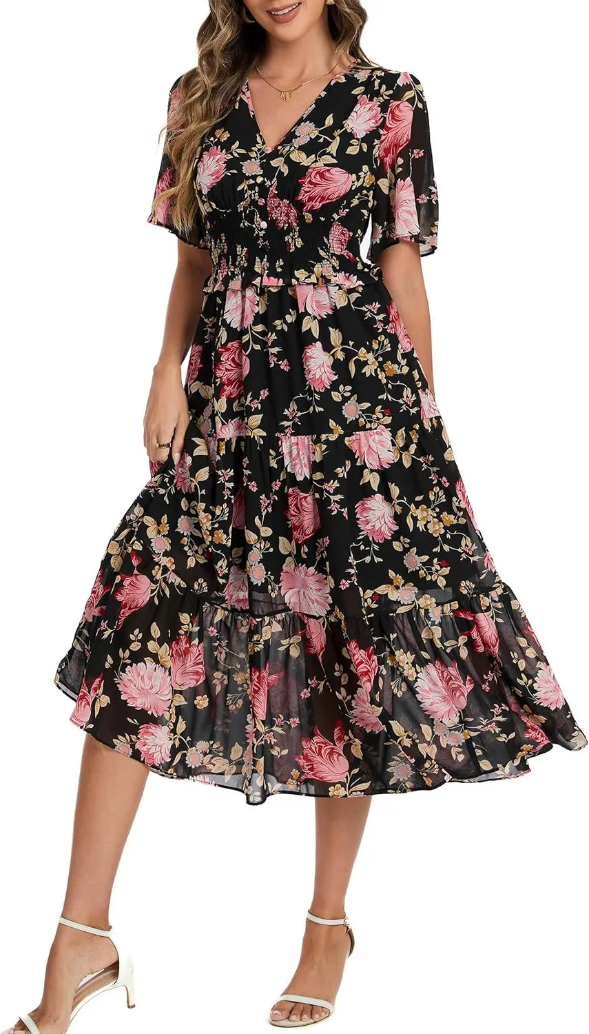 Kormei Women's V Neck Short Sleeve Boho Smocked Long Flowy Summer Dress Wedding Guest Engagement Dresses