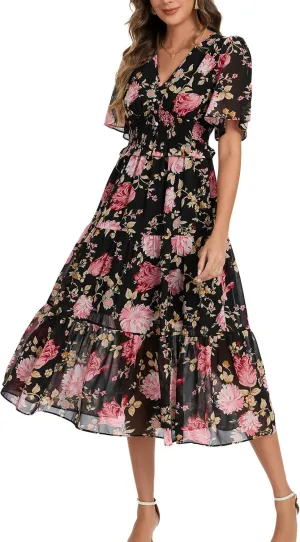 Kormei Women's V Neck Short Sleeve Boho Smocked Long Flowy Summer Dress Wedding Guest Engagement Dresses