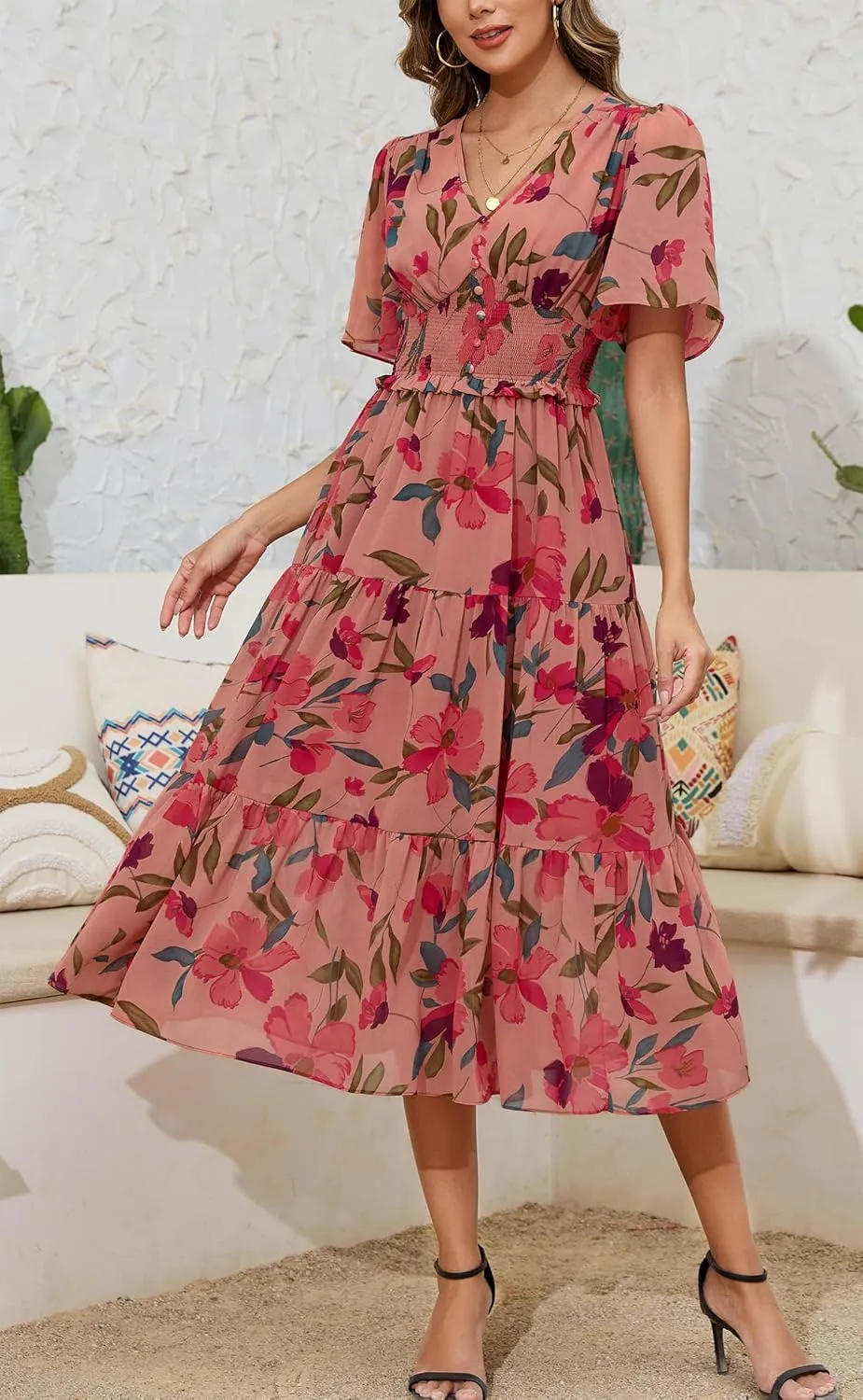 Kormei Women's V Neck Short Sleeve Boho Smocked Long Flowy Summer Dress Wedding Guest Engagement Dresses
