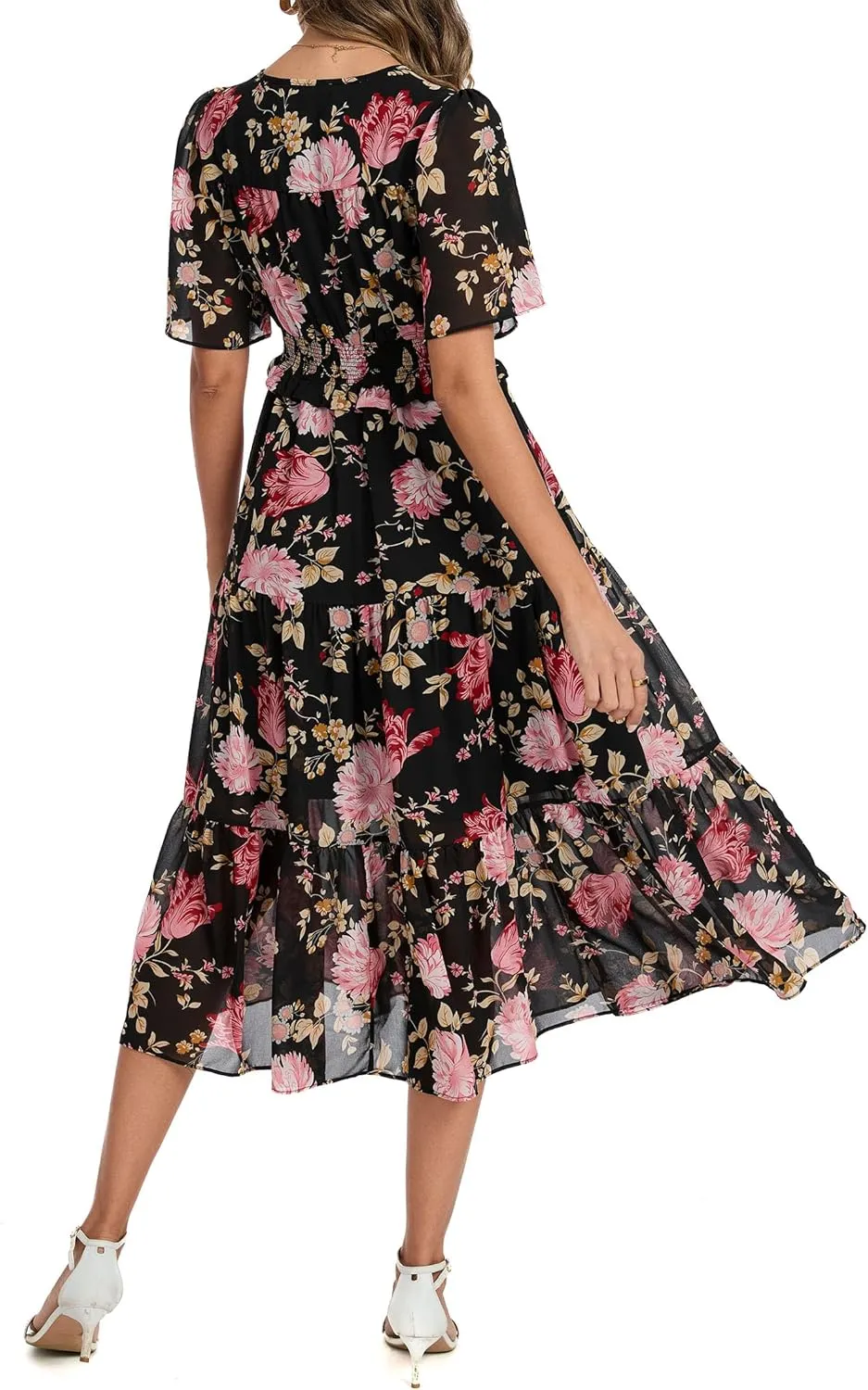 Kormei Women's V Neck Short Sleeve Boho Smocked Long Flowy Summer Dress Wedding Guest Engagement Dresses