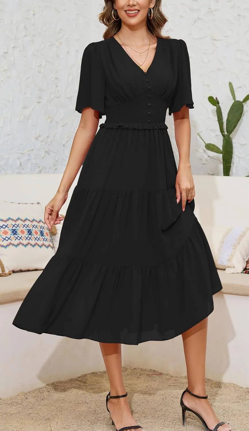 Kormei Women's V Neck Short Sleeve Boho Smocked Long Flowy Summer Dress Wedding Guest Engagement Dresses