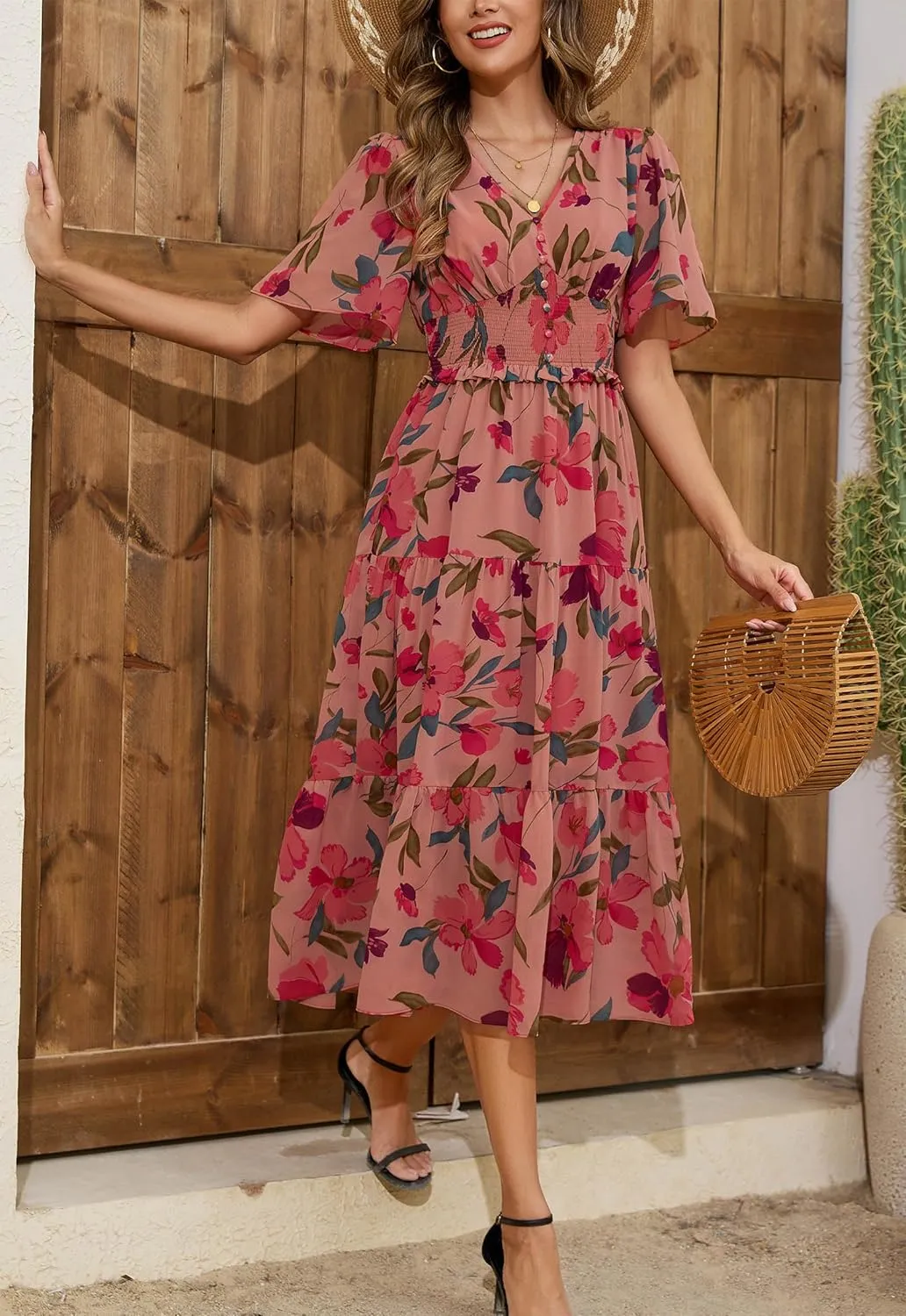 Kormei Women's V Neck Short Sleeve Boho Smocked Long Flowy Summer Dress Wedding Guest Engagement Dresses