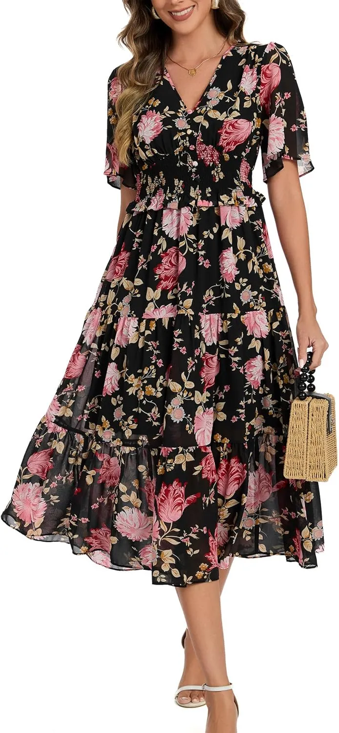 Kormei Women's V Neck Short Sleeve Boho Smocked Long Flowy Summer Dress Wedding Guest Engagement Dresses