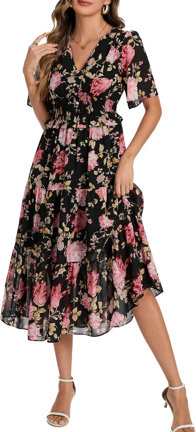 Kormei Women's V Neck Short Sleeve Boho Smocked Long Flowy Summer Dress Wedding Guest Engagement Dresses