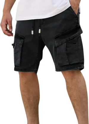 Maiyifu-GJ Men's Hiking Multi-Pocket Jeans Shorts Thin Stretchy Knee Length Cargo Shorts Elastic Waist Casual Denim Shorts