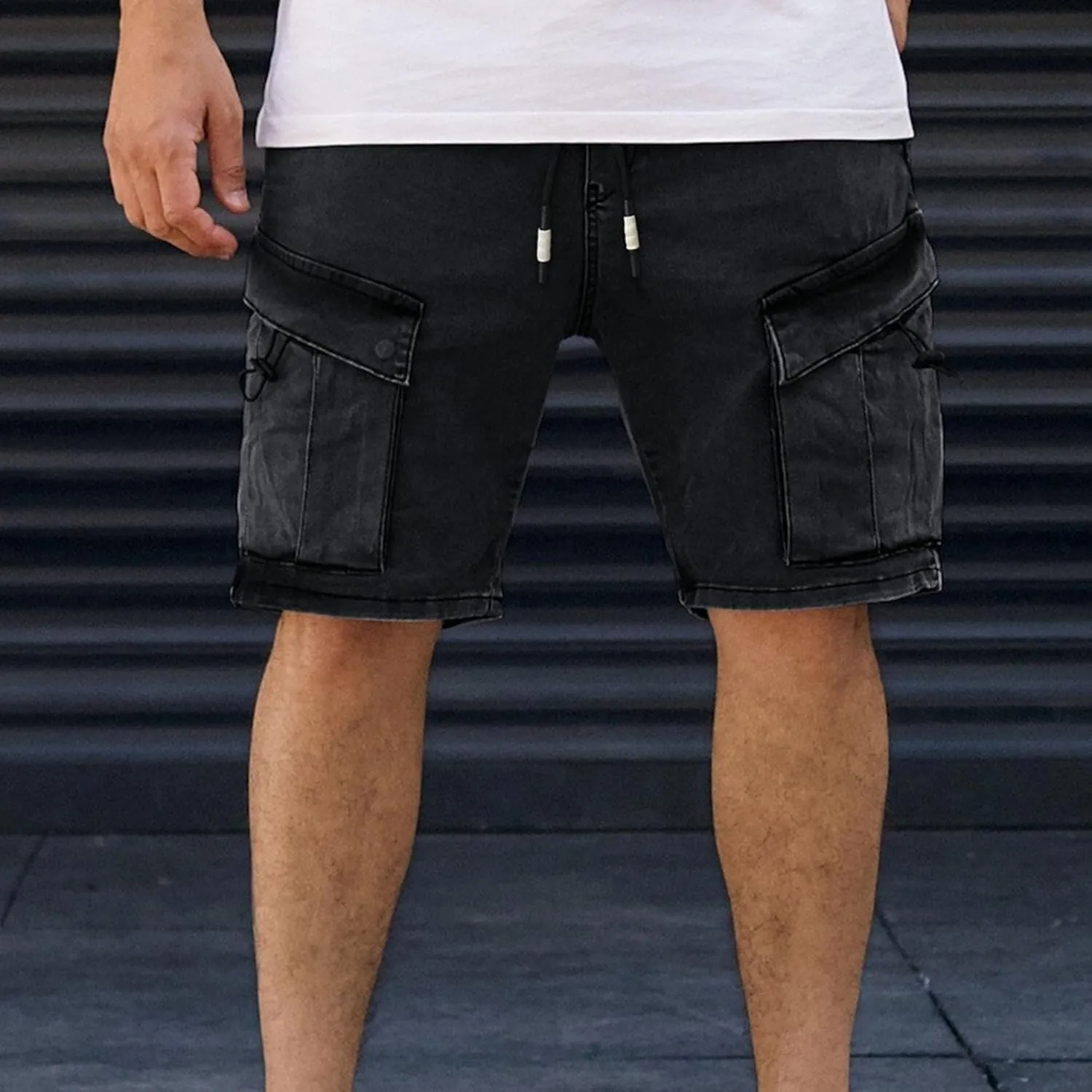 Maiyifu-GJ Men's Hiking Multi-Pocket Jeans Shorts Thin Stretchy Knee Length Cargo Shorts Elastic Waist Casual Denim Shorts