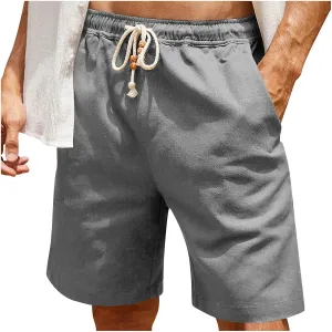 Men's Casual Cotton Linen Shorts 2024 Summer Beach Vacation Shorts Lightweight Drawstring Elastic Waist Shorts Workout Shorts