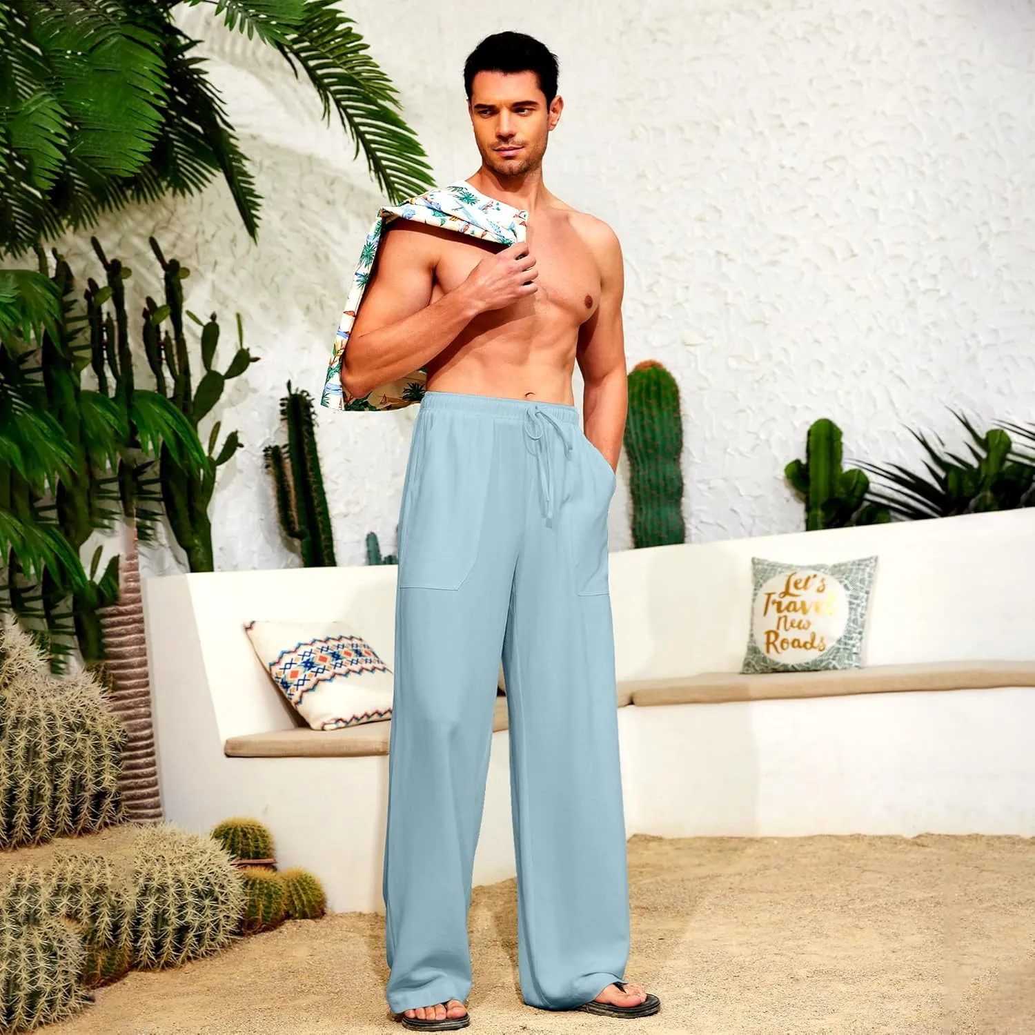 Men's Casual Linen Pants Elastic Waist Drawstring Summer Long Fit Linen Beach Pants Lightweight Trousers with Pockets