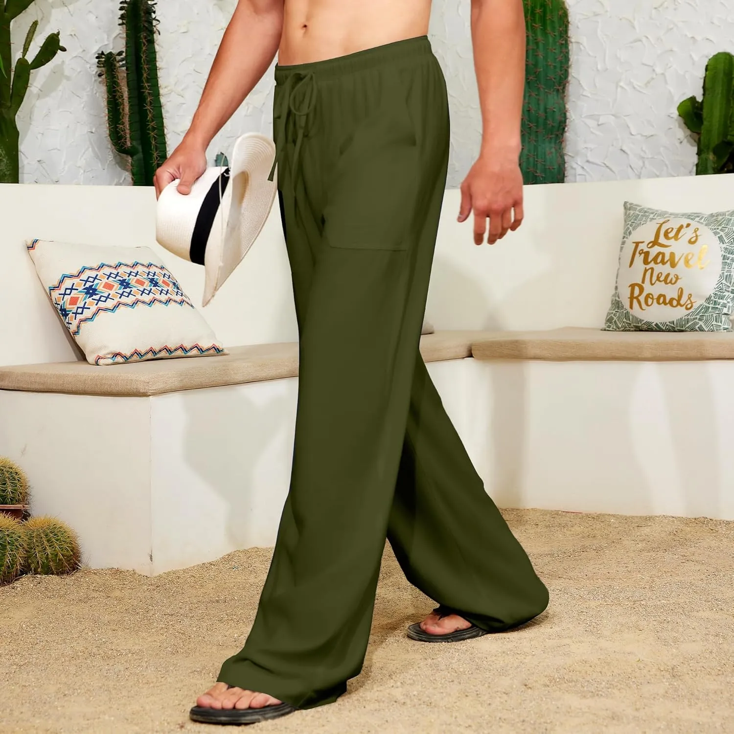 Men's Casual Linen Pants Elastic Waist Drawstring Summer Long Fit Linen Beach Pants Lightweight Trousers with Pockets