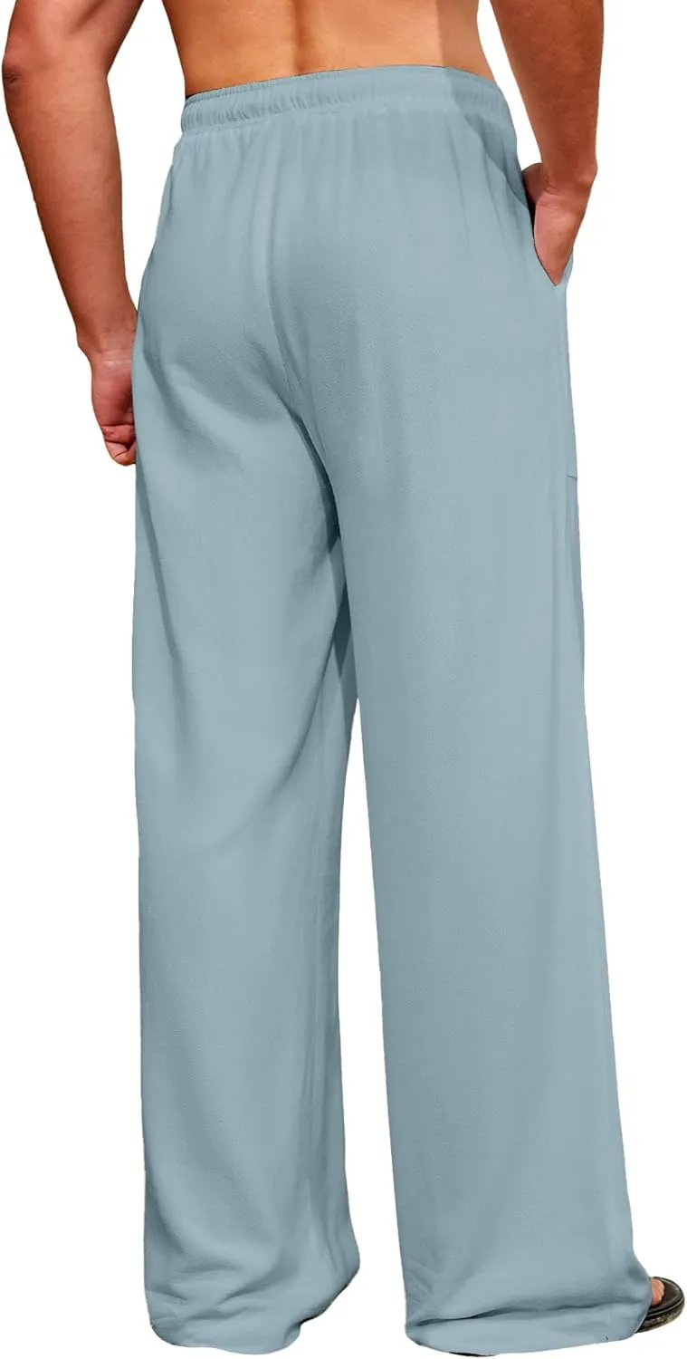 Men's Casual Linen Pants Elastic Waist Drawstring Summer Long Fit Linen Beach Pants Lightweight Trousers with Pockets