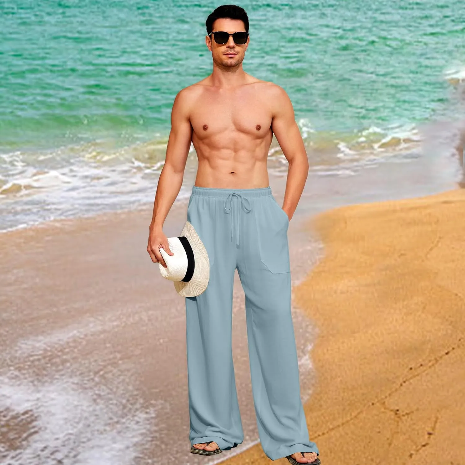 Men's Casual Linen Pants Elastic Waist Drawstring Summer Long Fit Linen Beach Pants Lightweight Trousers with Pockets