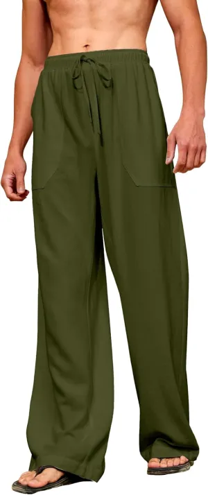 Men's Casual Linen Pants Elastic Waist Drawstring Summer Long Fit Linen Beach Pants Lightweight Trousers with Pockets