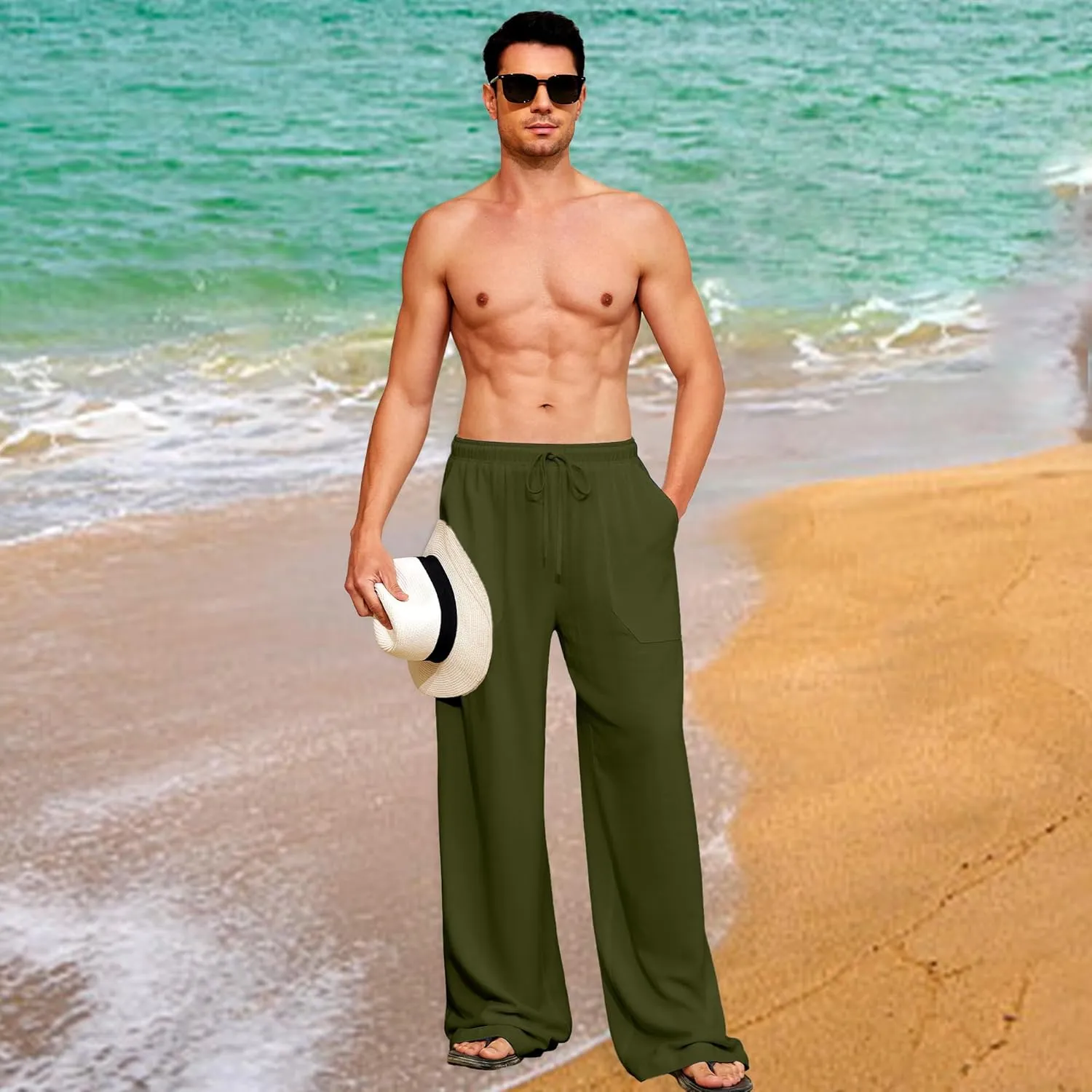 Men's Casual Linen Pants Elastic Waist Drawstring Summer Long Fit Linen Beach Pants Lightweight Trousers with Pockets