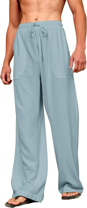 Men's Casual Linen Pants Elastic Waist Drawstring Summer Long Fit Linen Beach Pants Lightweight Trousers with Pockets