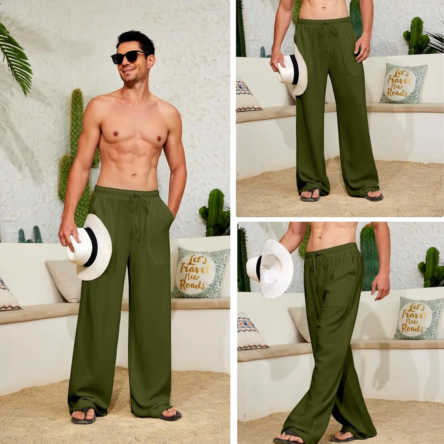 Men's Casual Linen Pants Elastic Waist Drawstring Summer Long Fit Linen Beach Pants Lightweight Trousers with Pockets