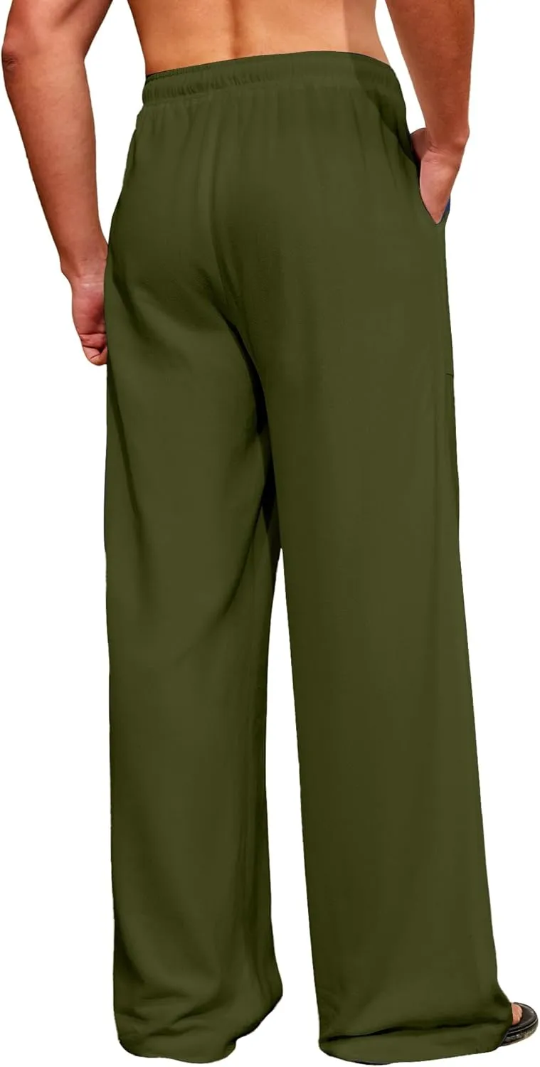 Men's Casual Linen Pants Elastic Waist Drawstring Summer Long Fit Linen Beach Pants Lightweight Trousers with Pockets