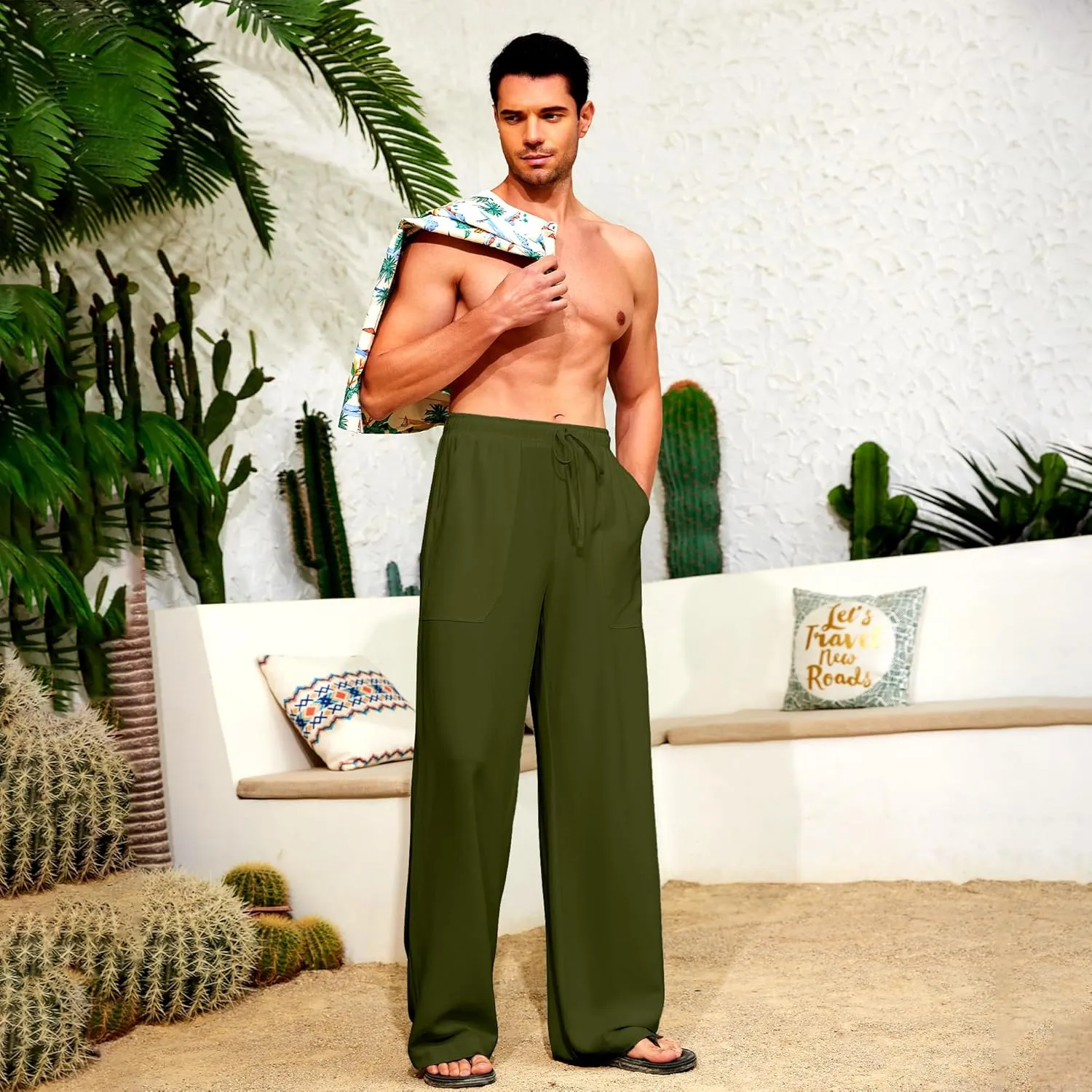 Men's Casual Linen Pants Elastic Waist Drawstring Summer Long Fit Linen Beach Pants Lightweight Trousers with Pockets