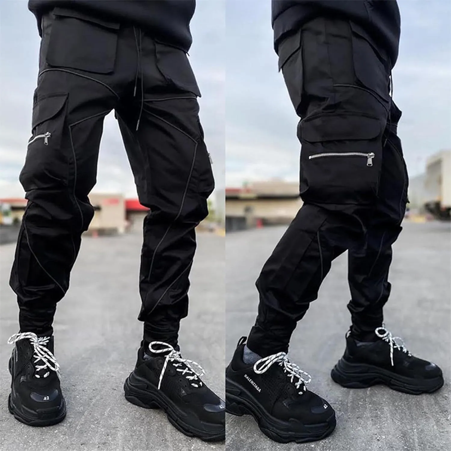 Mens Hiphop Jogger Outdoor Sweatpants Cargo Streetwear Punk Rock Harem Pants with Multi-Pockets