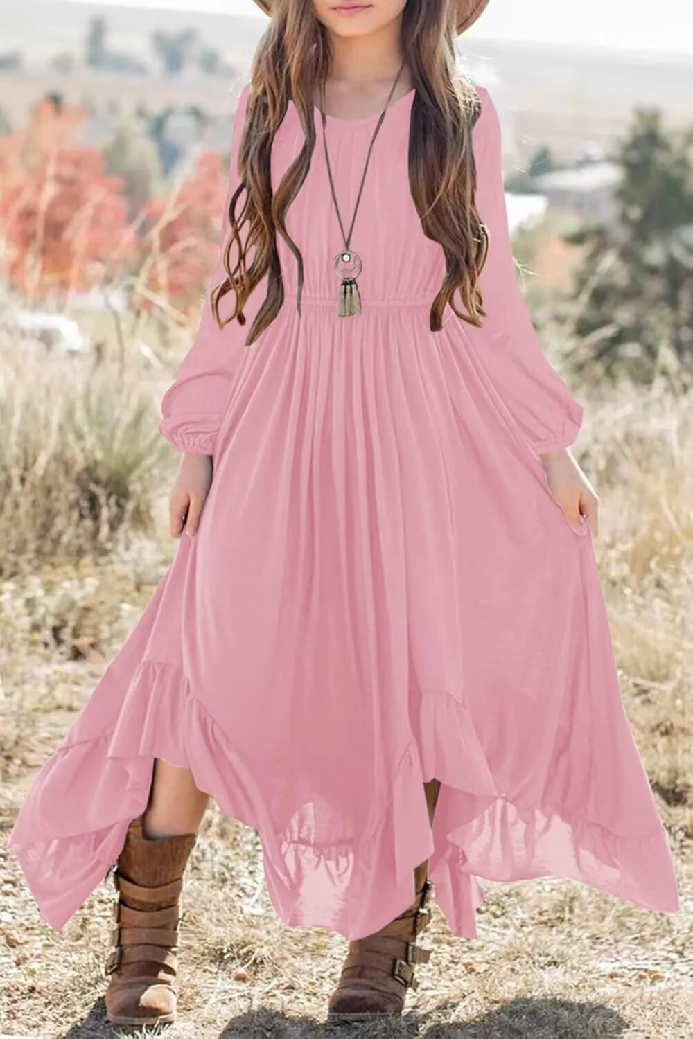 MITILLY Girls Boho Lace Flower Backless Crew Neck Long Sleeve Ruffle Swing Maxi Dress with Pockets