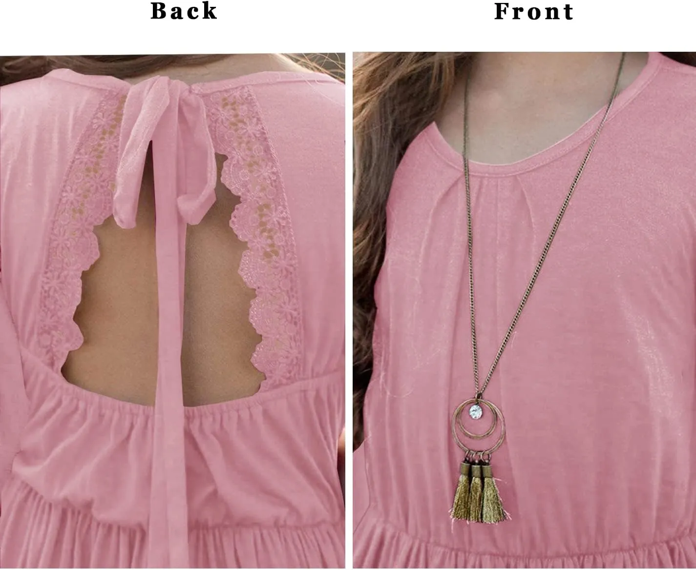 MITILLY Girls Boho Lace Flower Backless Crew Neck Long Sleeve Ruffle Swing Maxi Dress with Pockets