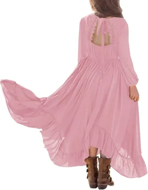 MITILLY Girls Boho Lace Flower Backless Crew Neck Long Sleeve Ruffle Swing Maxi Dress with Pockets