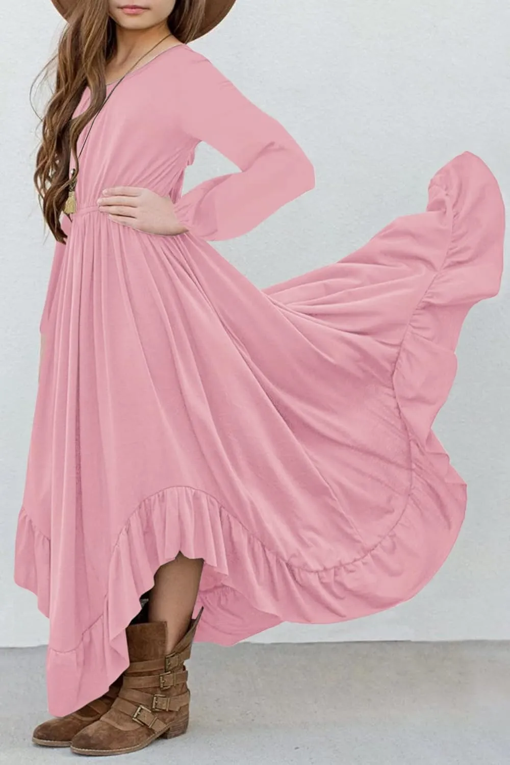 MITILLY Girls Boho Lace Flower Backless Crew Neck Long Sleeve Ruffle Swing Maxi Dress with Pockets