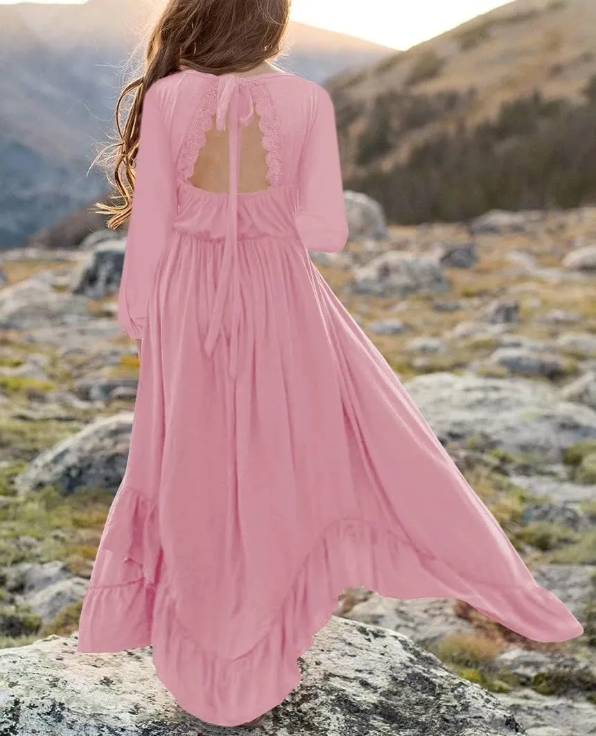 MITILLY Girls Boho Lace Flower Backless Crew Neck Long Sleeve Ruffle Swing Maxi Dress with Pockets