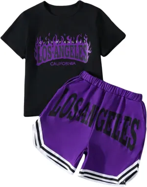 SHENHE Boy's Tracksuits 2 Piece Set Short Sleeve Letter Graphic Tees and Striped Shorts Set