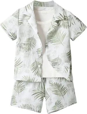 SweatyRocks Boy's 2 Piece Outfits Tropical Print Button Down Shirt and Shorts Clothing Sets