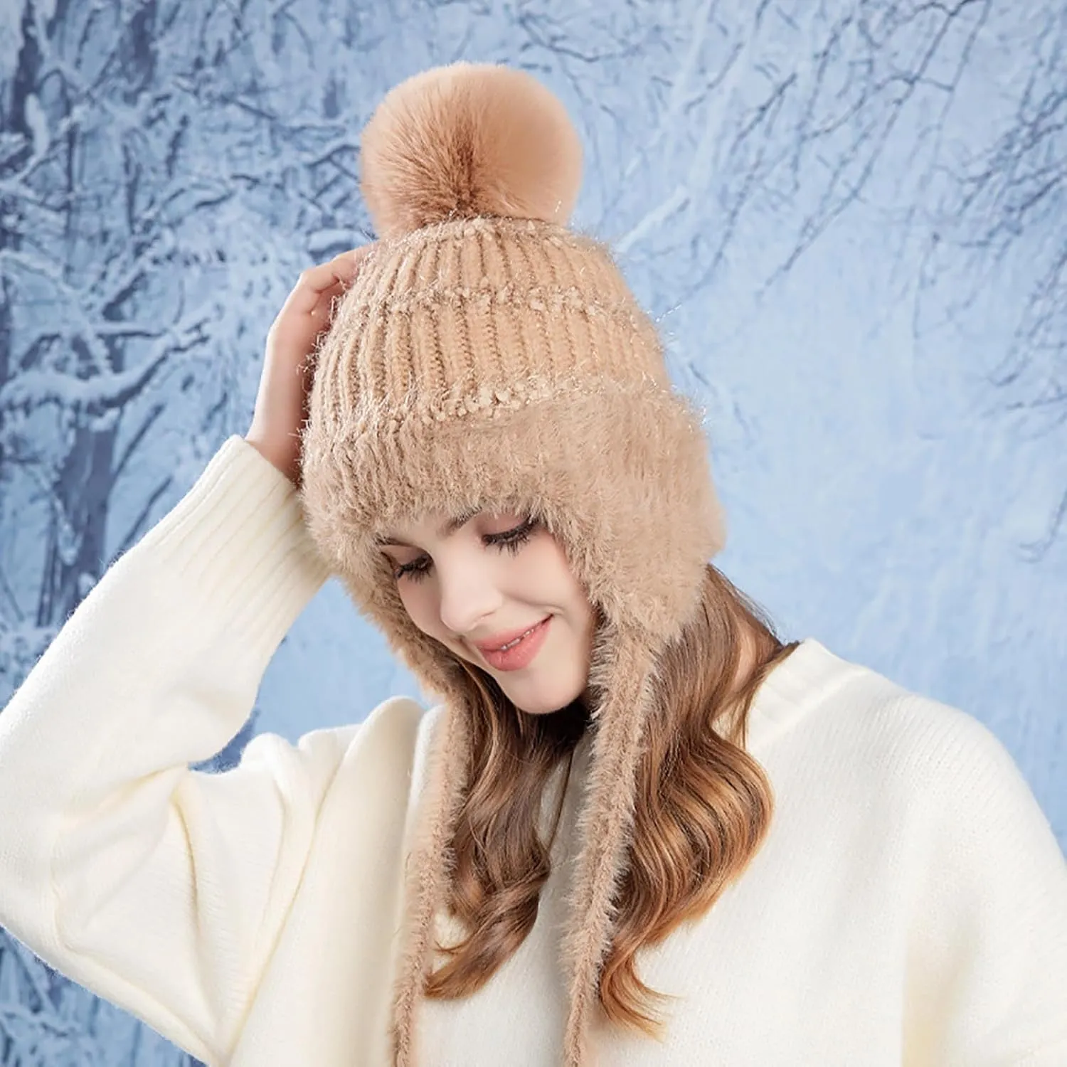 Women Winter Peruvian Cover Ears Beanie Hat Ear Flaps Sherpa Ski Snow Hats Knit Fleece Lined 3 Pom Ear Protection Cap