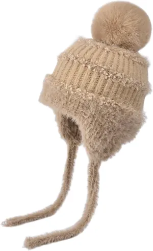 Women Winter Peruvian Cover Ears Beanie Hat Ear Flaps Sherpa Ski Snow Hats Knit Fleece Lined 3 Pom Ear Protection Cap