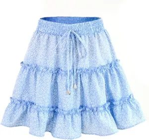 Women's Boho Mini Skirt Flared Short Skirt Polka Dot Pleated Mini Skater Skirt
