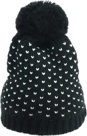 Womens Knitted Beanie Hat with Faux Pom Pom Fleece Lined Soft Heart Knit Slouchy Cap Thick Warm Winter Bobble Hat